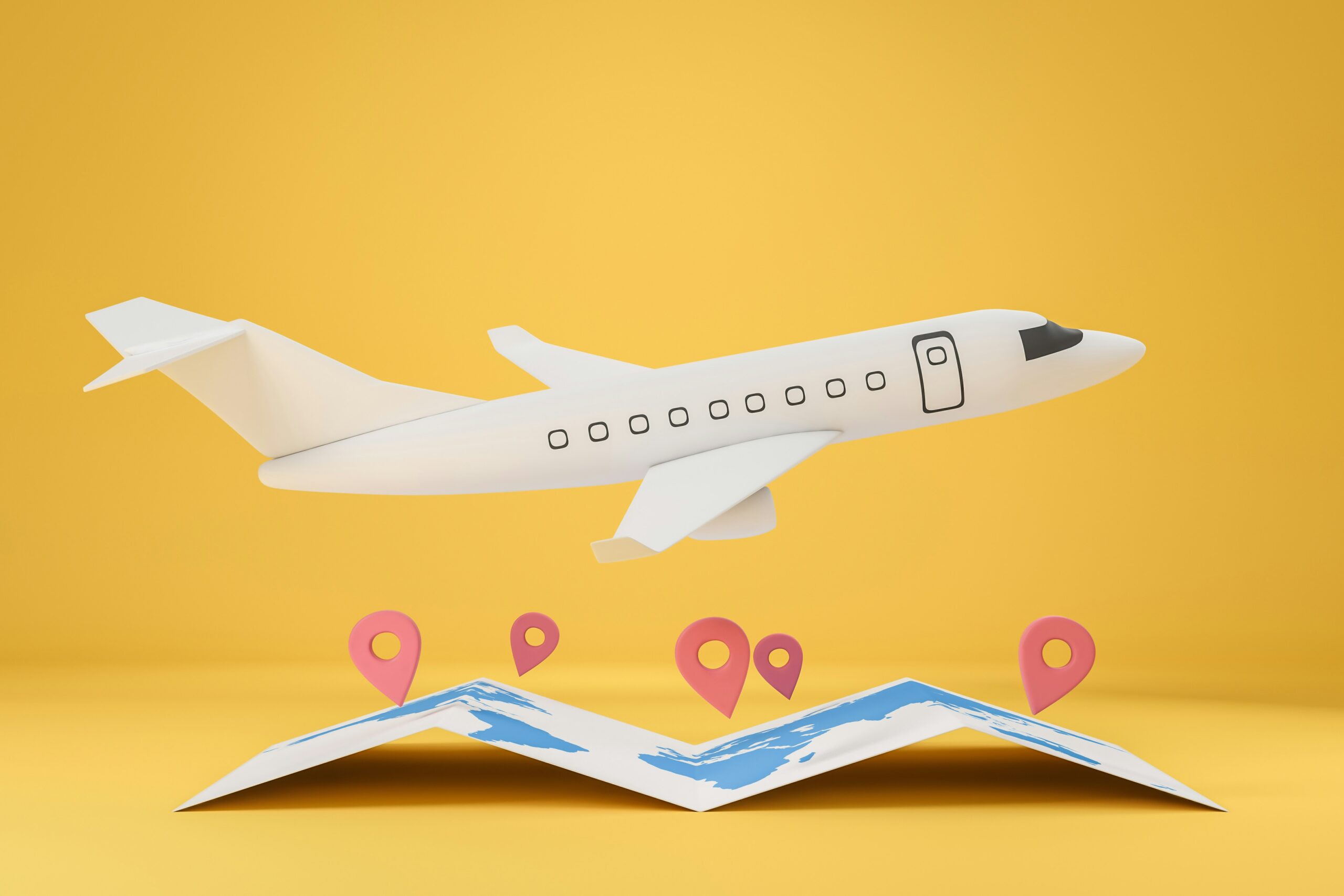 Graphic of a plane over a map with pinpoints on it